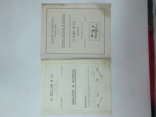 G. Keller & Co. Serrature di sicurezza; Albert Schurfeld. Serrature brevettate di sicurezza. Rappresentanti per l'Italia G. Keller & Co. (2 brochure pubblicitarie)